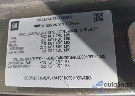 2021 Chevrolet Tahoe 4Wd Z71 из США, поврежденный, VIN 1GNSKPKD2MR120466